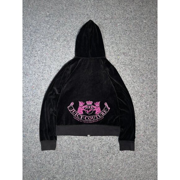 Juicy Couture VTG Black Velour Bling Hoodie Track Jacket Scottie Dog RARE XL - Picture 5 of 9